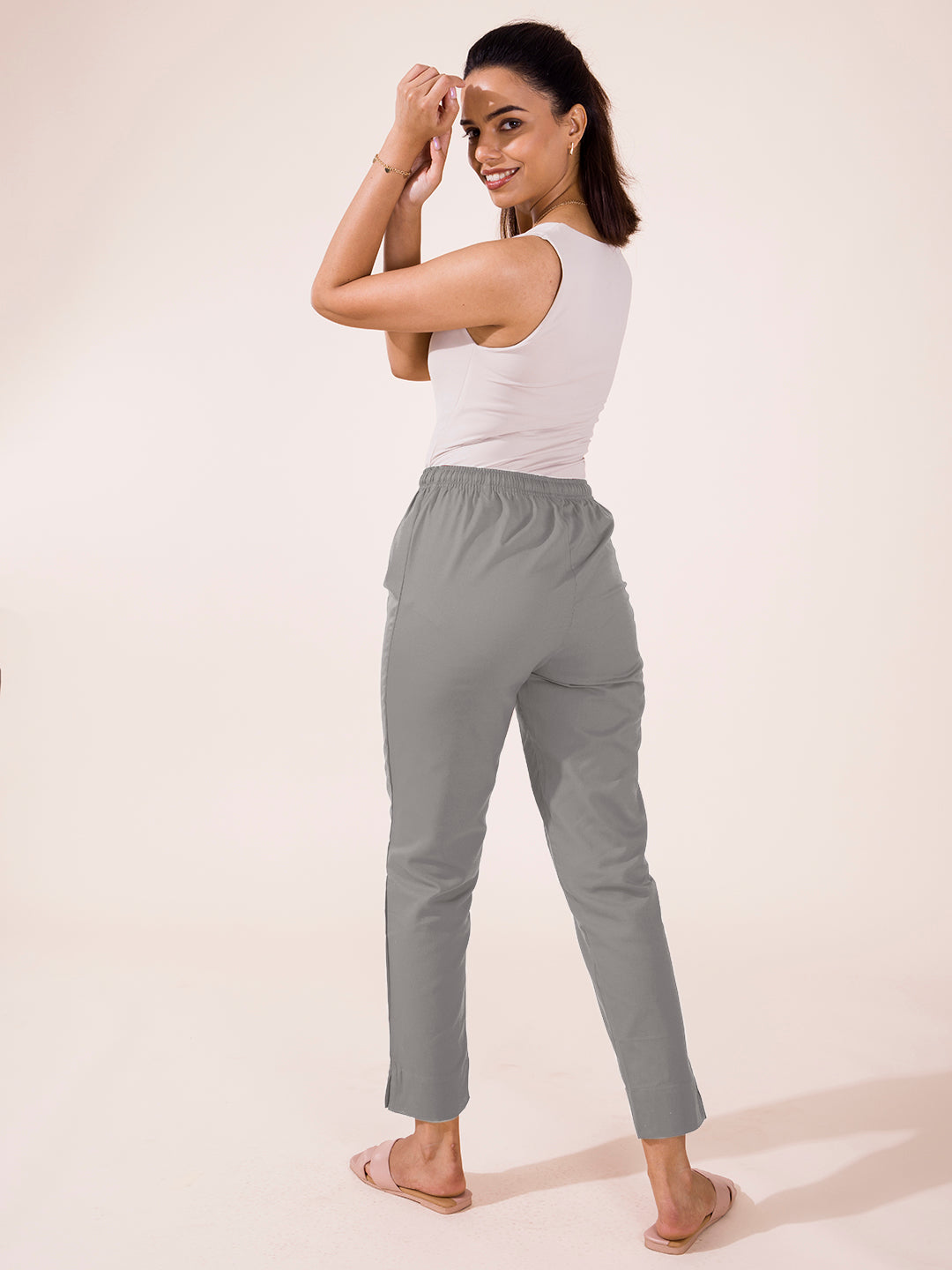 Mid-Rise Cropped Cotton Pant Trousers (Light Grey)