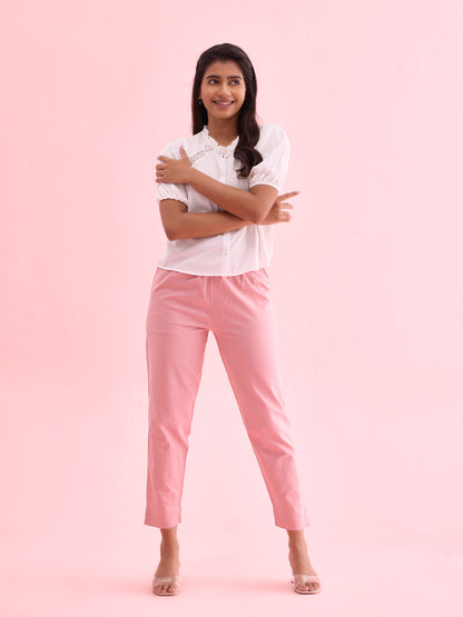 Mid-Rise Cropped Cotton Pant Trousers (Light Pink)