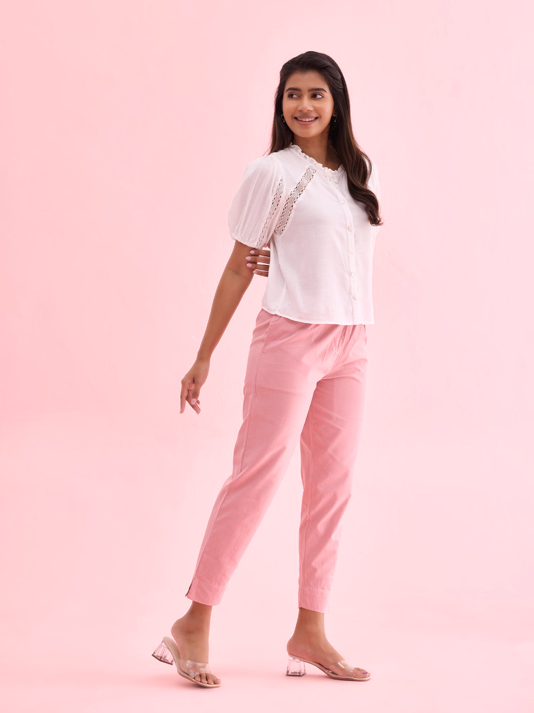 Mid-Rise Cropped Cotton Pant Trousers (Light Pink)