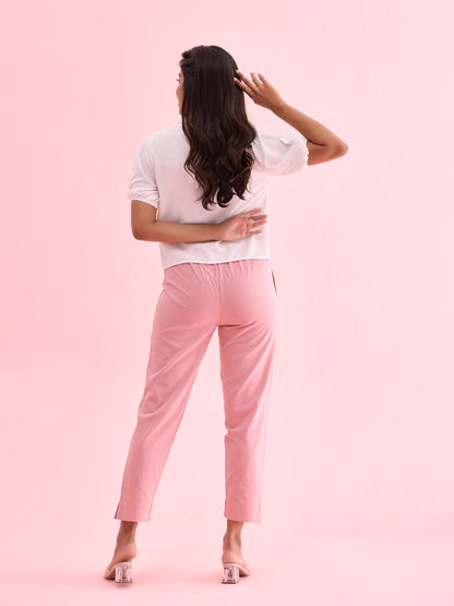 Mid-Rise Cropped Cotton Pant Trousers (Light Pink)