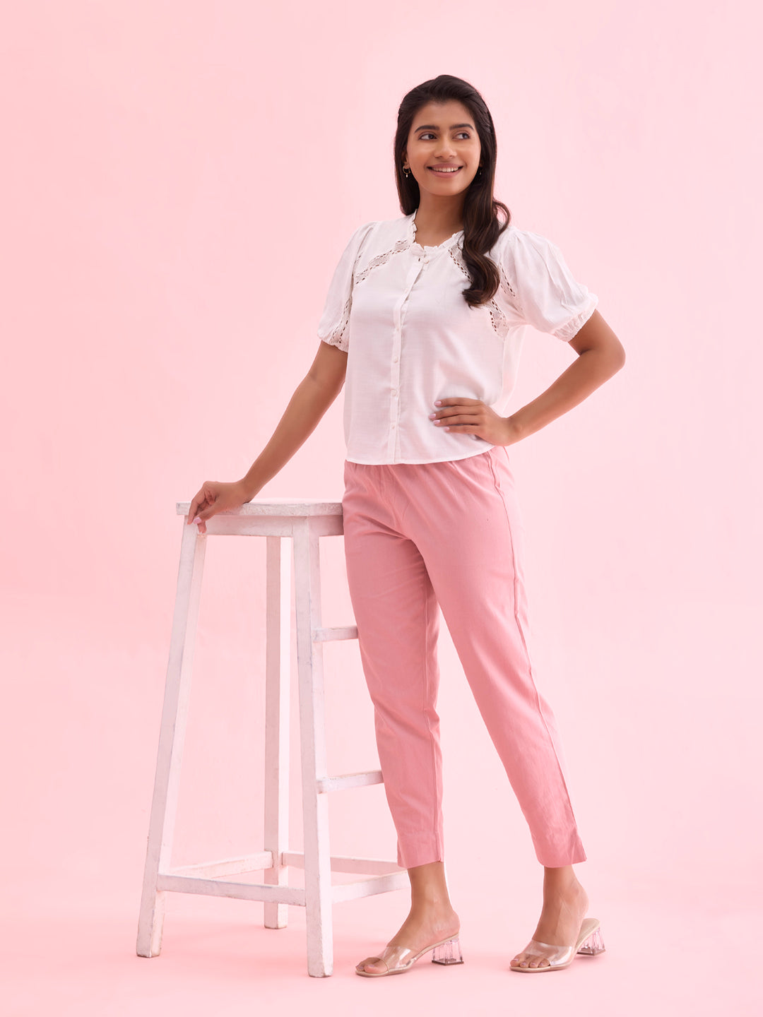 Mid-Rise Cropped Cotton Pant Trousers (Light Pink)