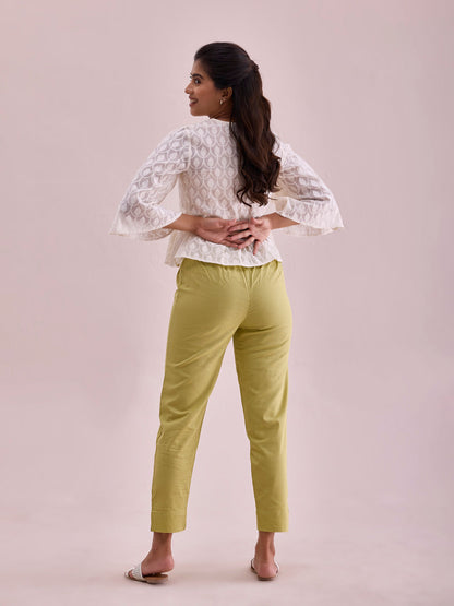 Mid-Rise Cropped Cotton Pant Trousers (Light Pista)