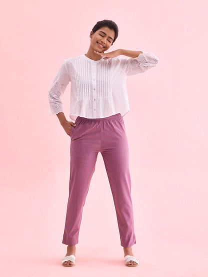 Mid-Rise Cropped Cotton Pant Trousers (Lilac)