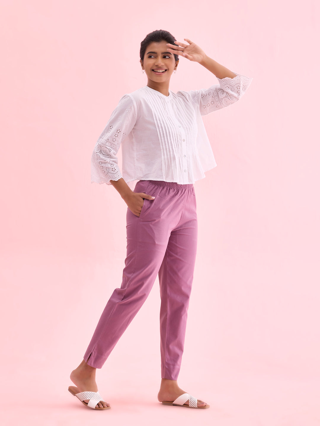 Mid-Rise Cropped Cotton Pant Trousers (Lilac)