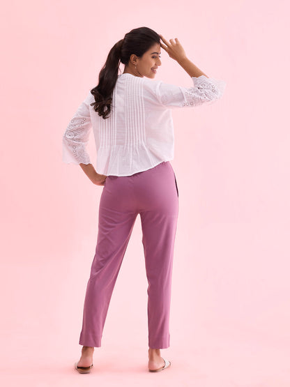 Mid-Rise Cropped Cotton Pant Trousers (Lilac)