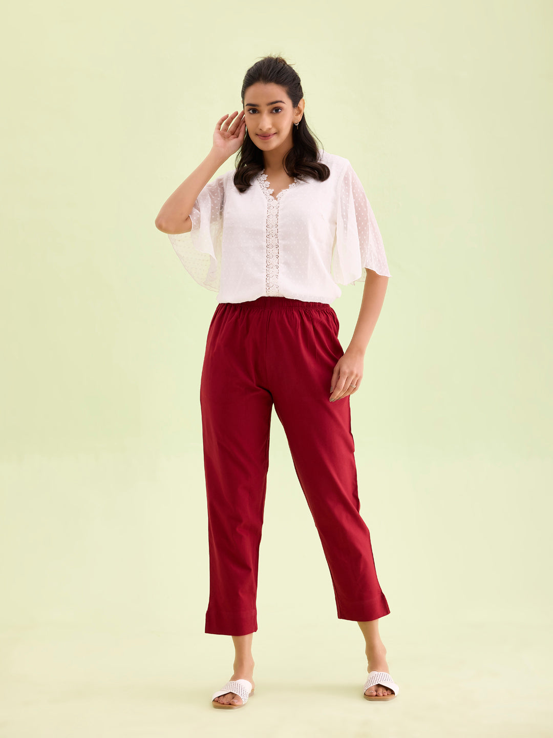 Mid-Rise Cropped Cotton Pant Trousers (Maroon)