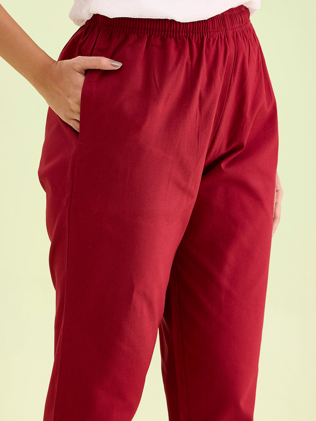 Mid-Rise Cropped Cotton Pant Trousers (Maroon)