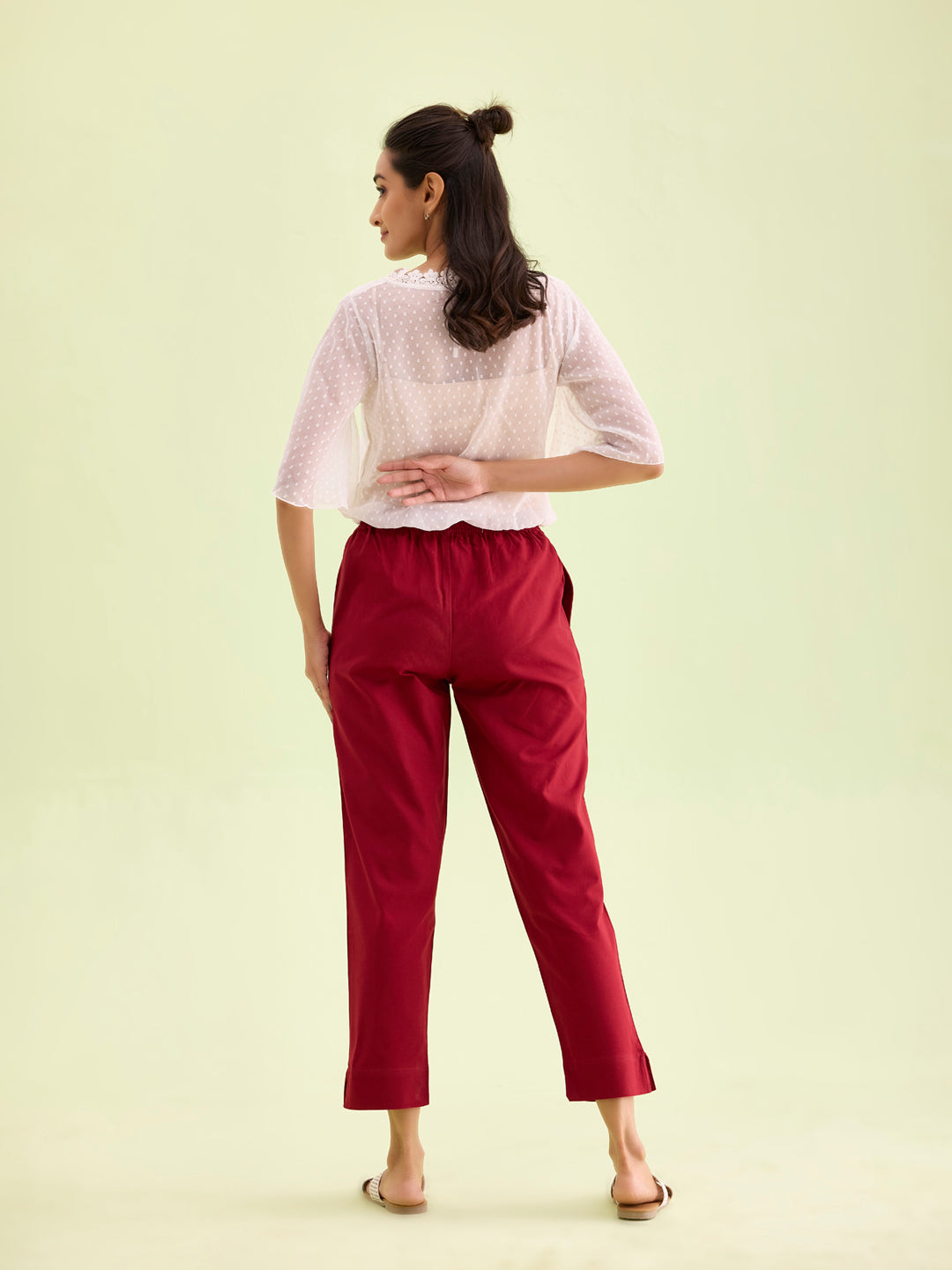 Mid-Rise Cropped Cotton Pant Trousers (Maroon)