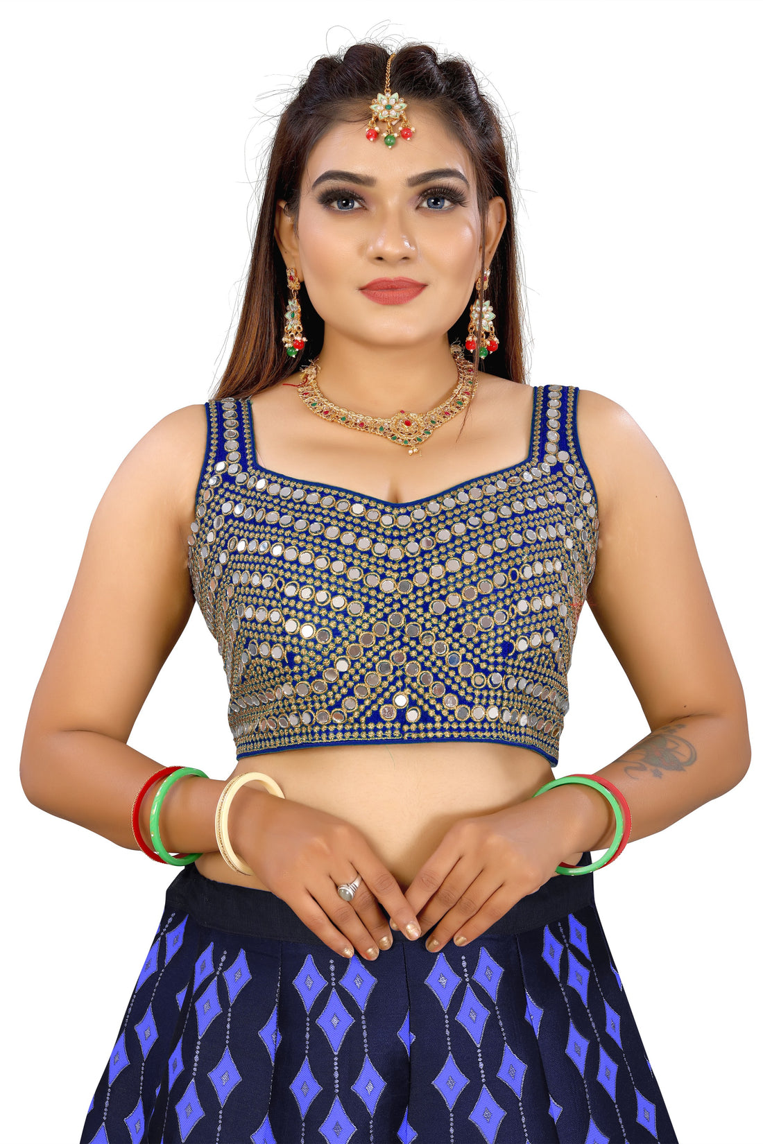 Sleeveless Embroidery Mirror Work Party Wear Blue Blouse