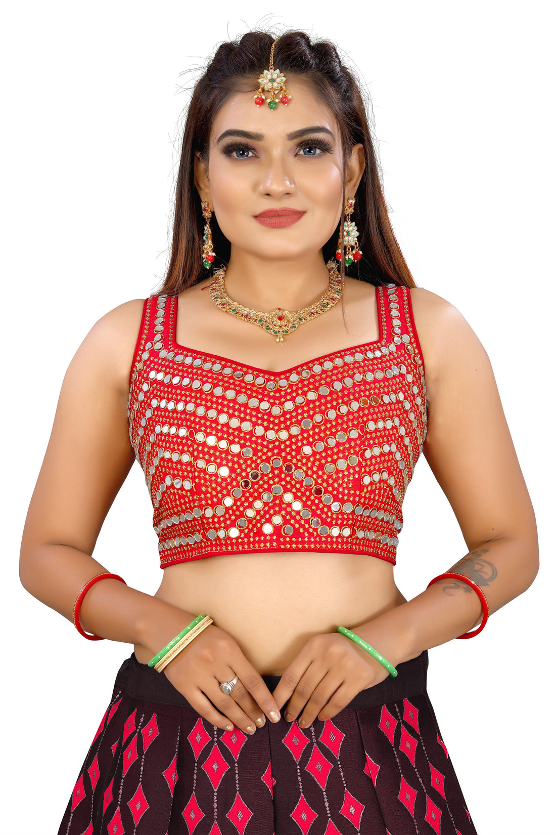 Latest Design Red Color Sleeveless Readymade Mirror Blouse