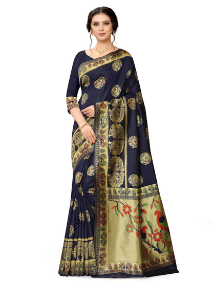 French Blue Woven Kashmiri Floral Banarasi Silk Saree