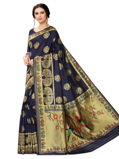 French Blue Woven Kashmiri Floral Banarasi Silk Saree