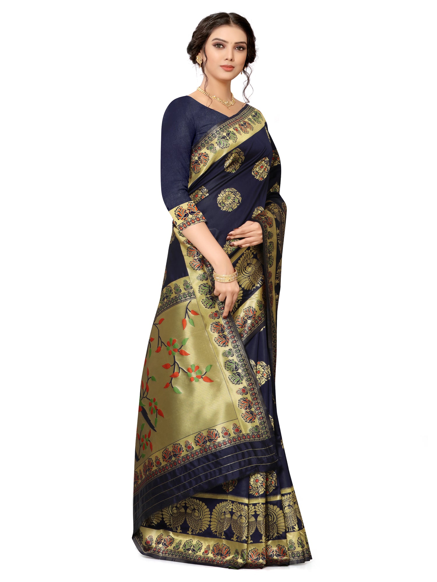 French Blue Woven Kashmiri Floral Banarasi Silk Saree