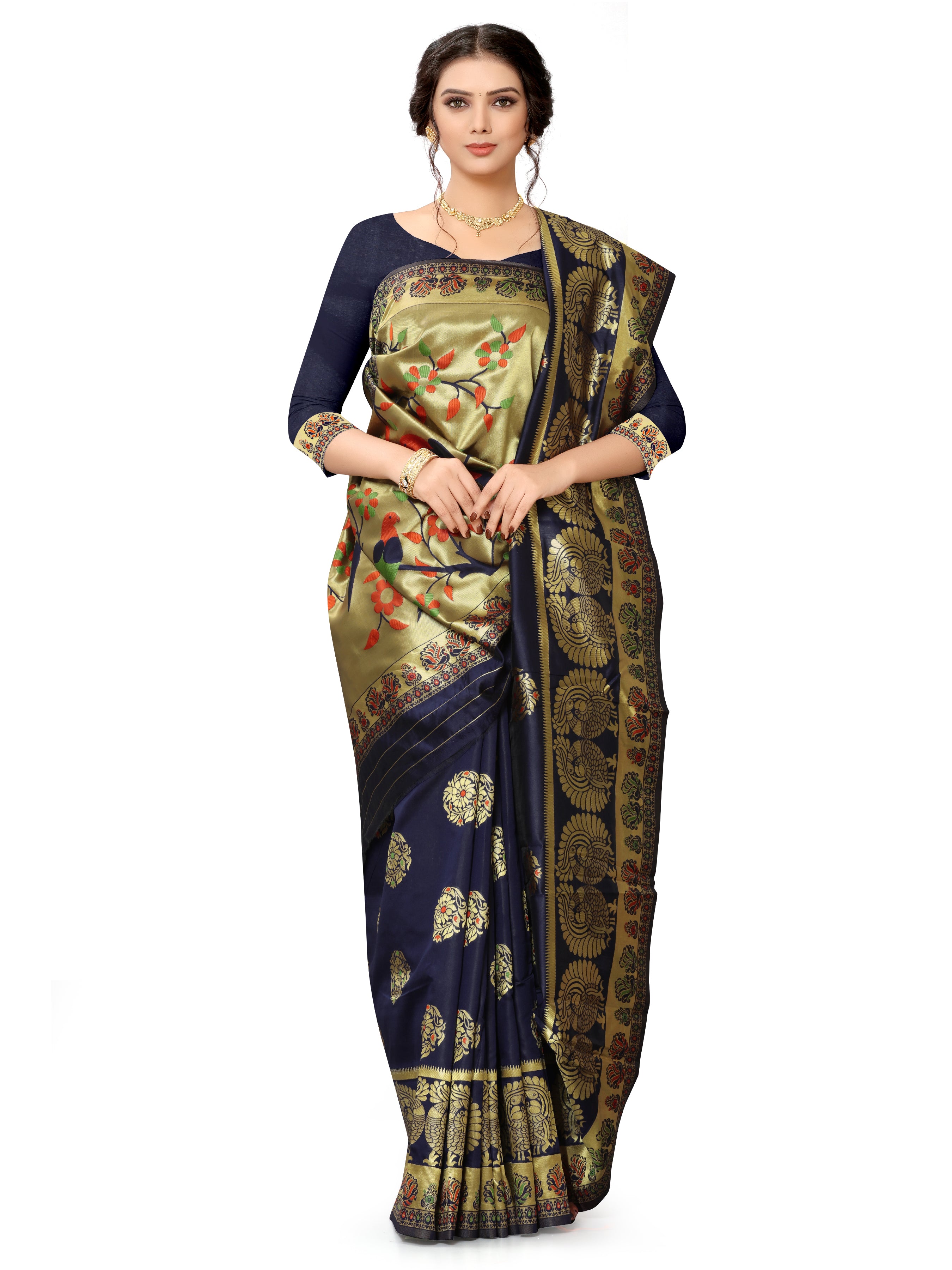 French Blue Woven Kashmiri Floral Banarasi Silk Saree