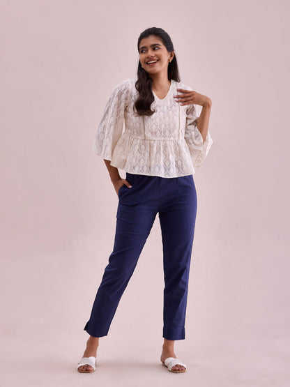 Mid-Rise Cropped Cotton Pant Trousers (Navy Blue)