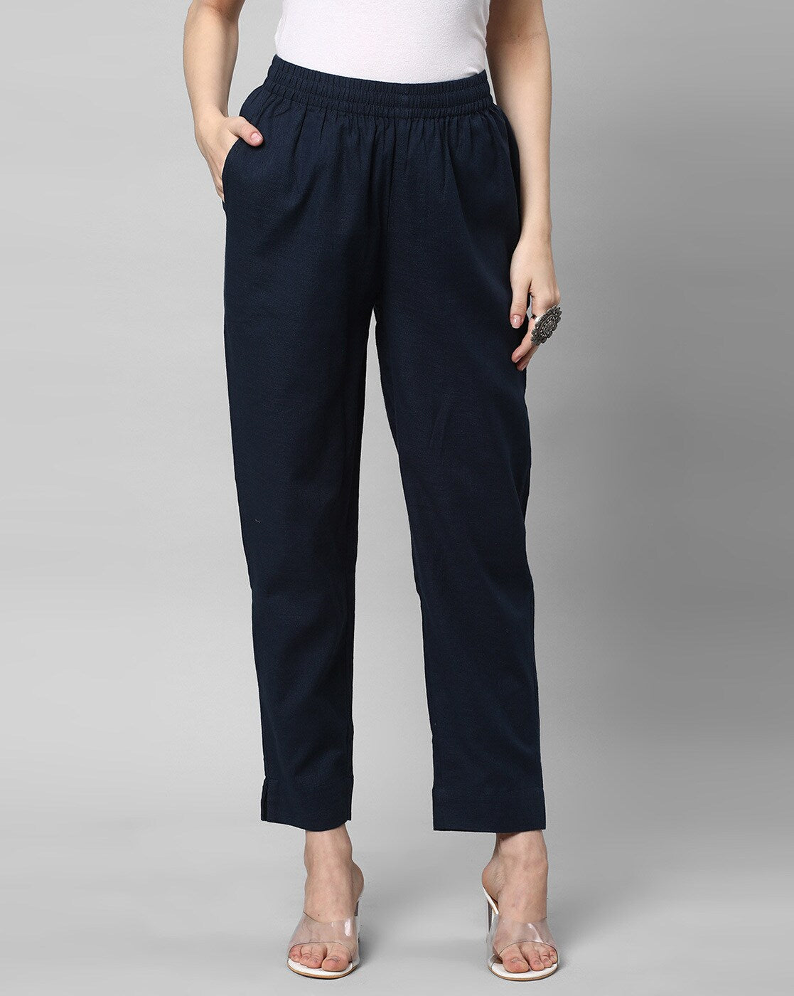 Relaxed Straight Leg Trousers ( Navy Blue )