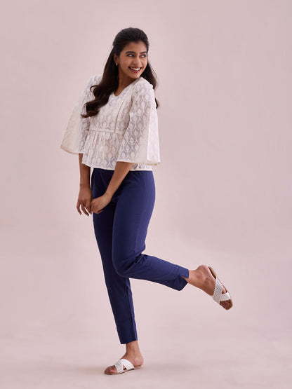 Mid-Rise Cropped Cotton Pant Trousers (Navy Blue)