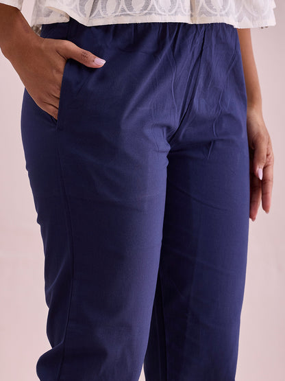 Mid-Rise Cropped Cotton Pant Trousers (Navy Blue)