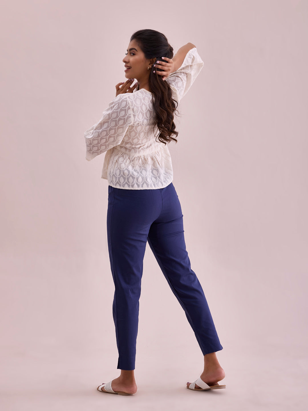 Mid-Rise Cropped Cotton Pant Trousers (Navy Blue)