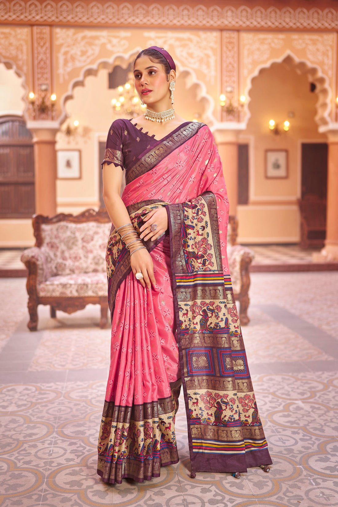 Beautiful Pink Color Dola Silk Saree