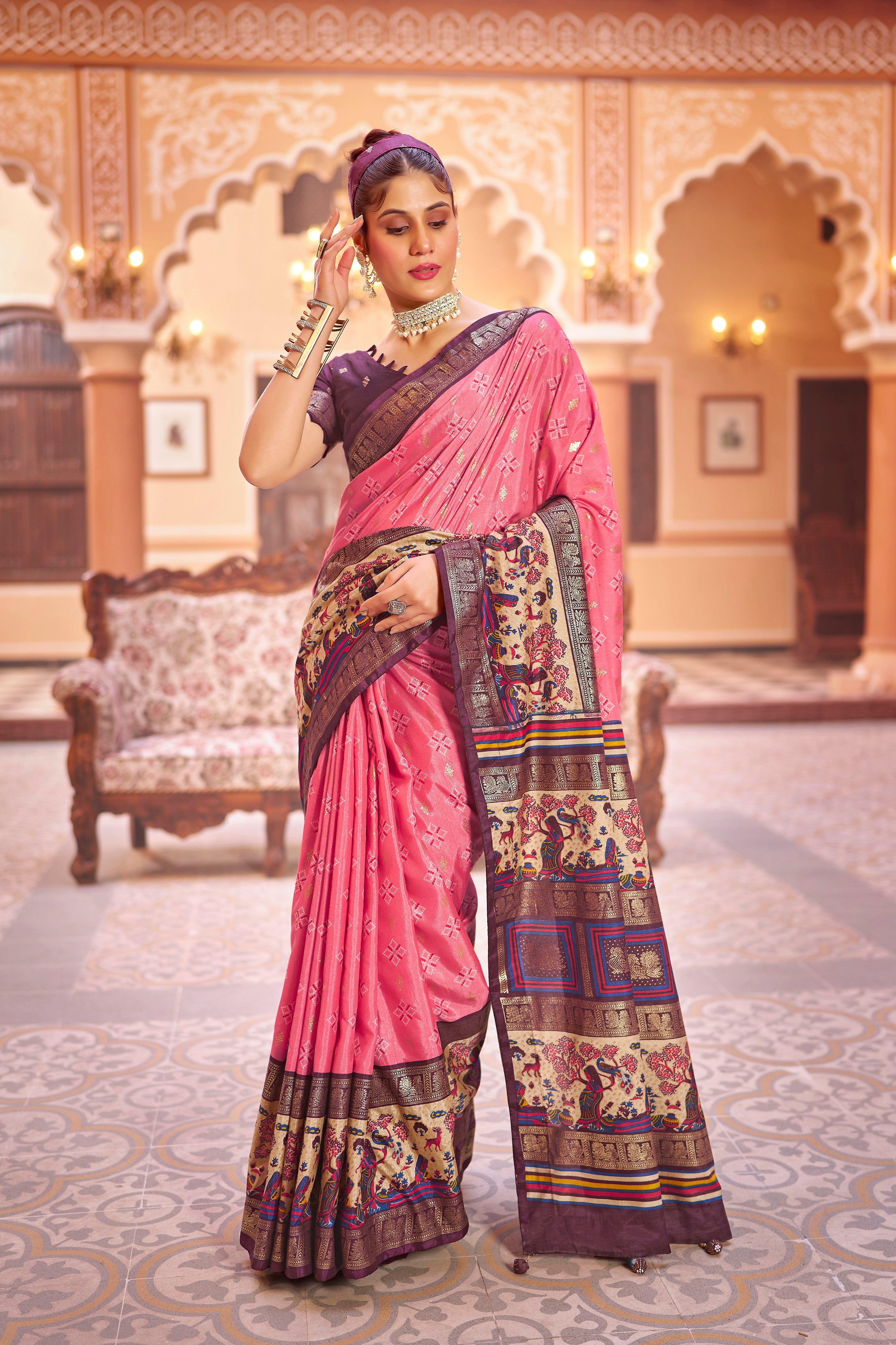 Beautiful Pink Color Dola Silk Saree