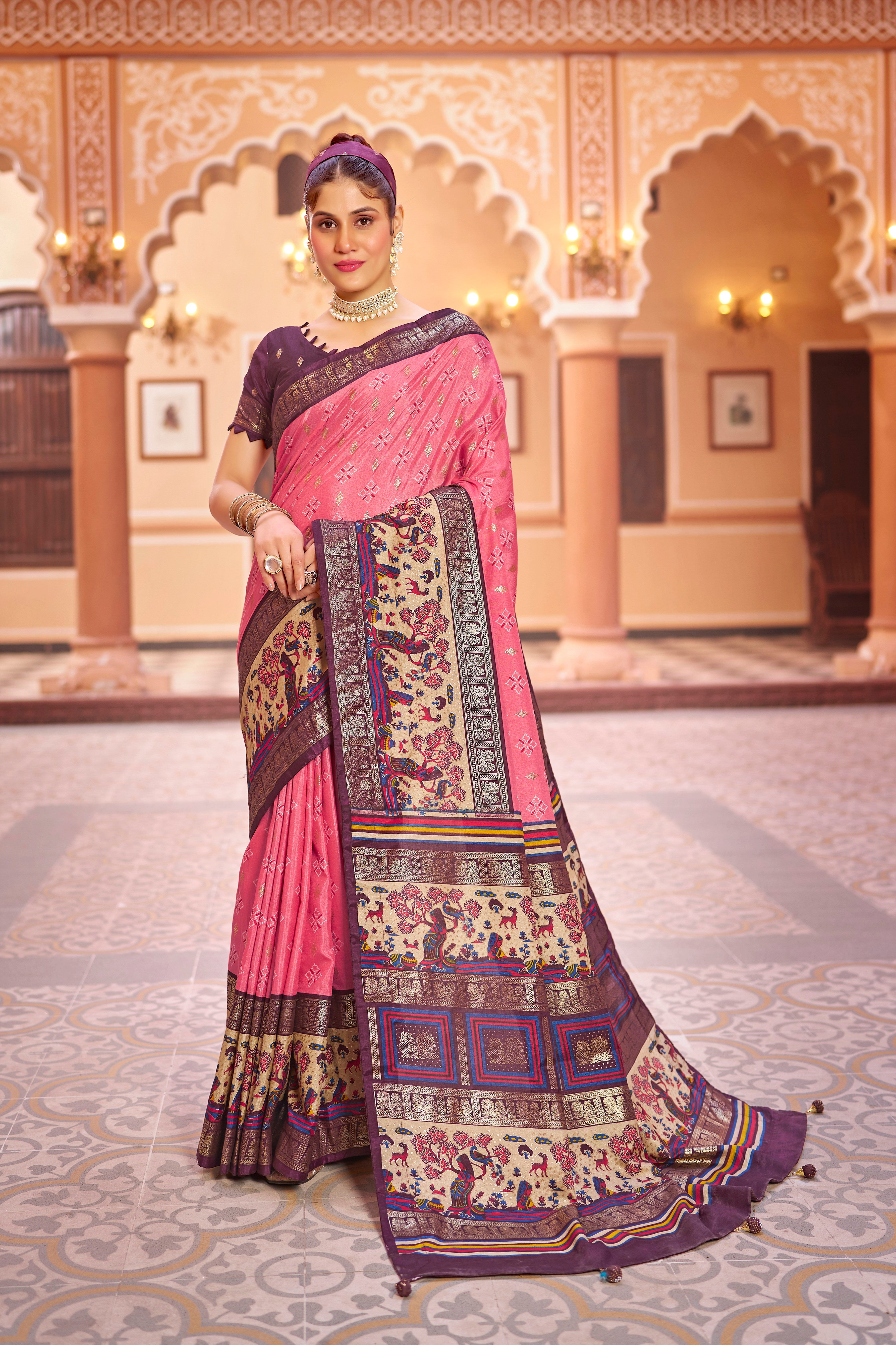 Beautiful Pink Color Dola Silk Saree