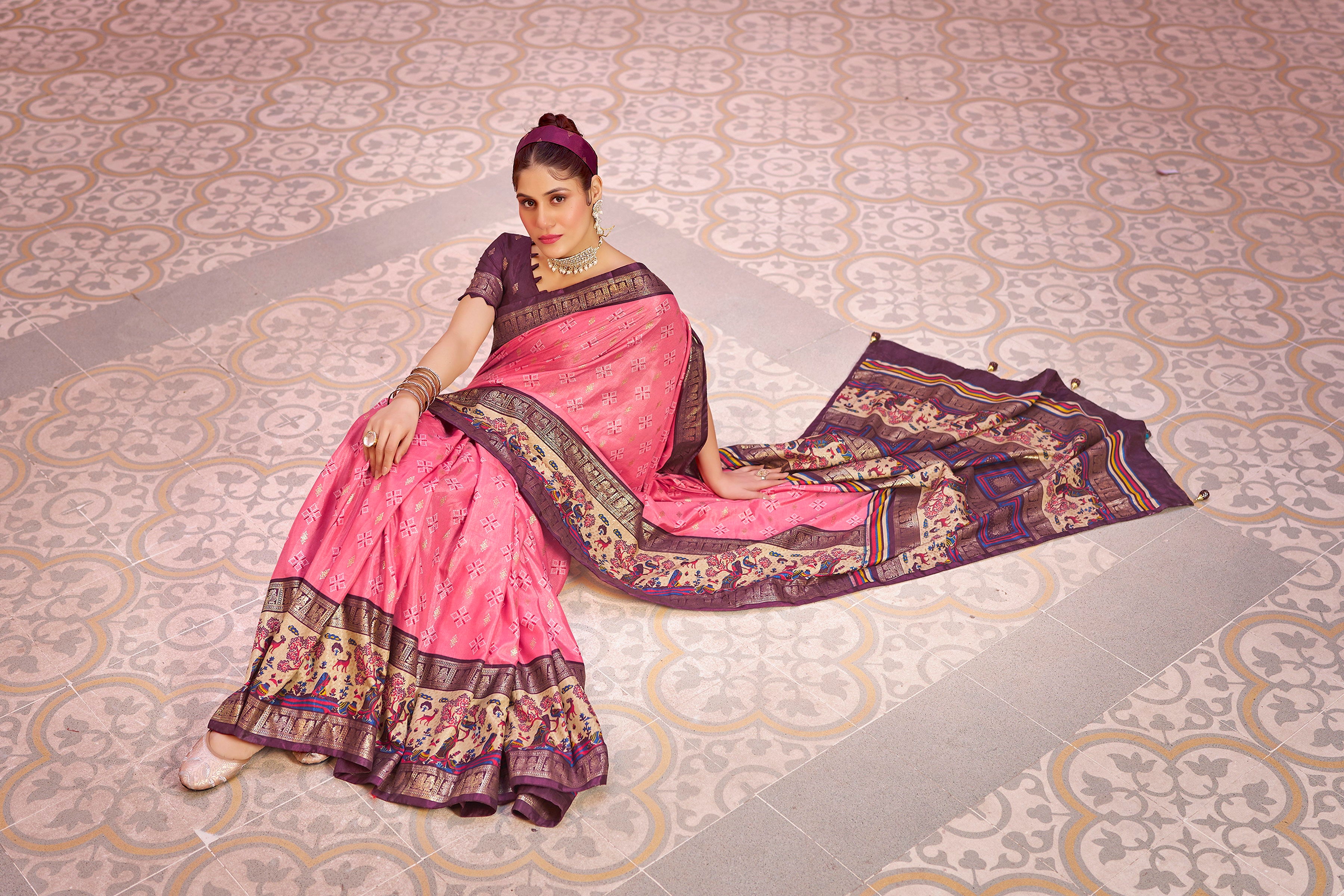 Beautiful Pink Color Dola Silk Saree