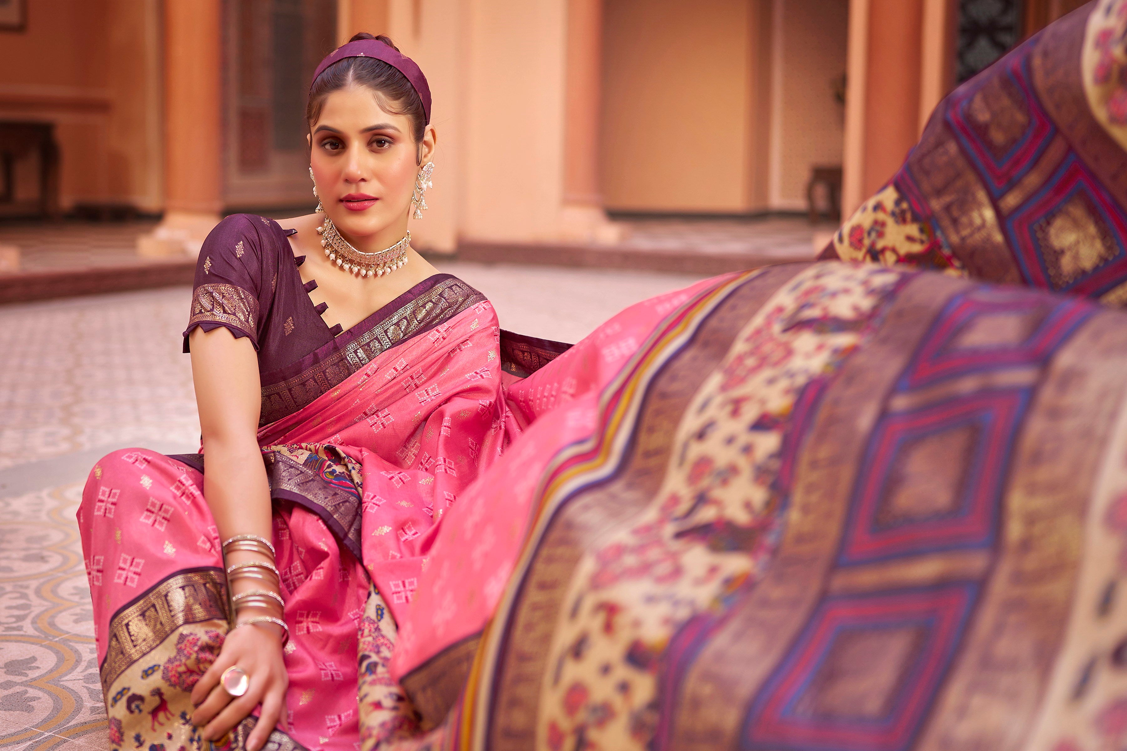 Beautiful Pink Color Dola Silk Saree