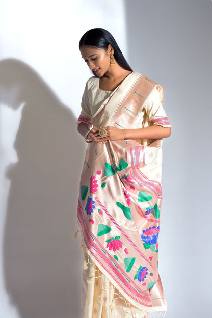 Stylish Off White Banarasi Silk Paithani Saree