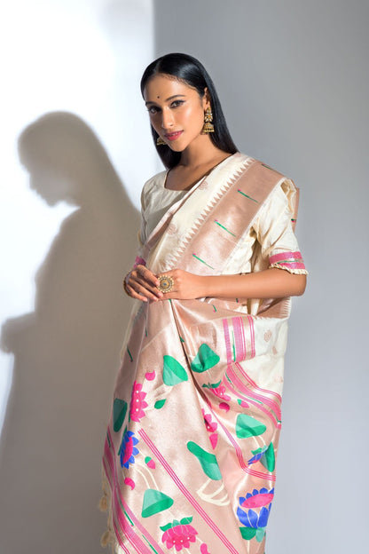 Stylish Off White Banarasi Silk Paithani Saree