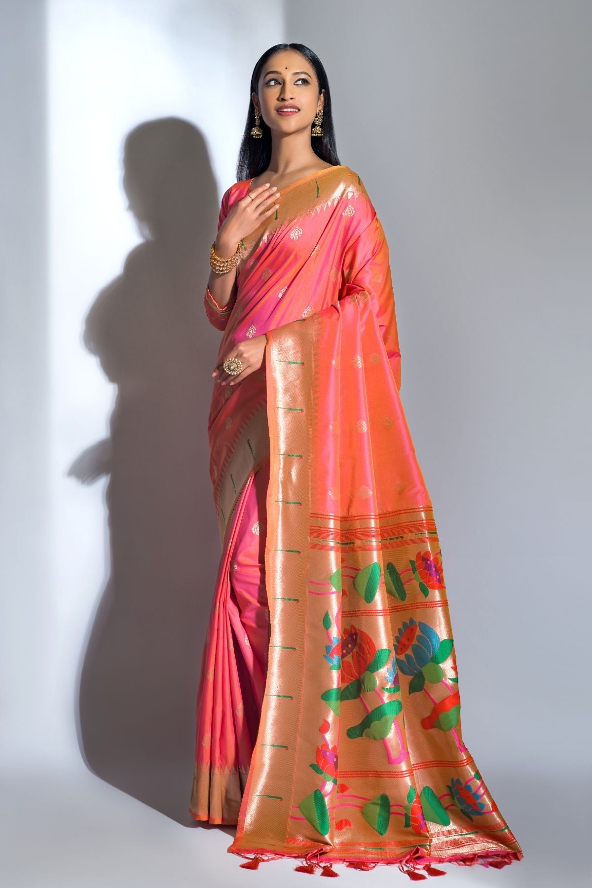 Traditional Peach Pink Banarasi Silk Paithani Saree