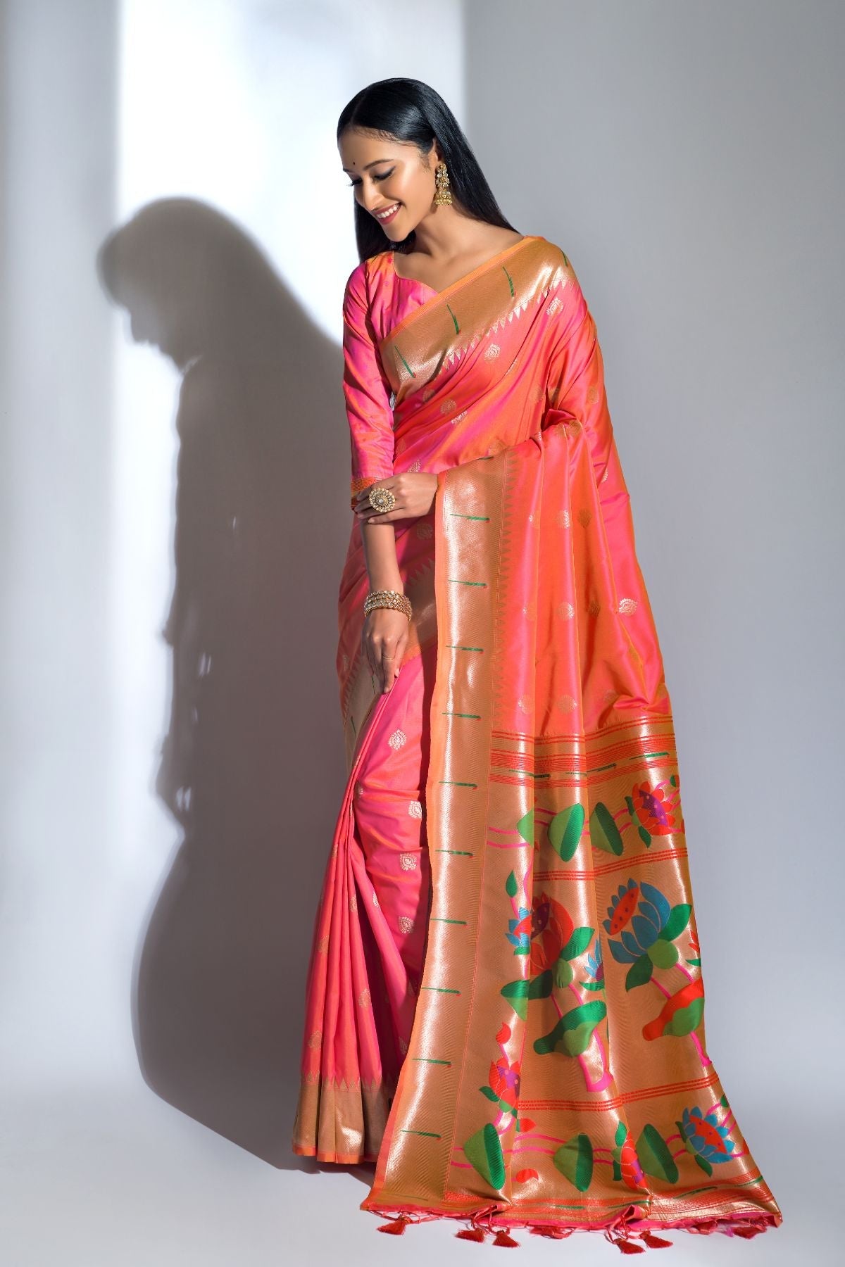 Traditional Peach Pink Banarasi Silk Paithani Saree