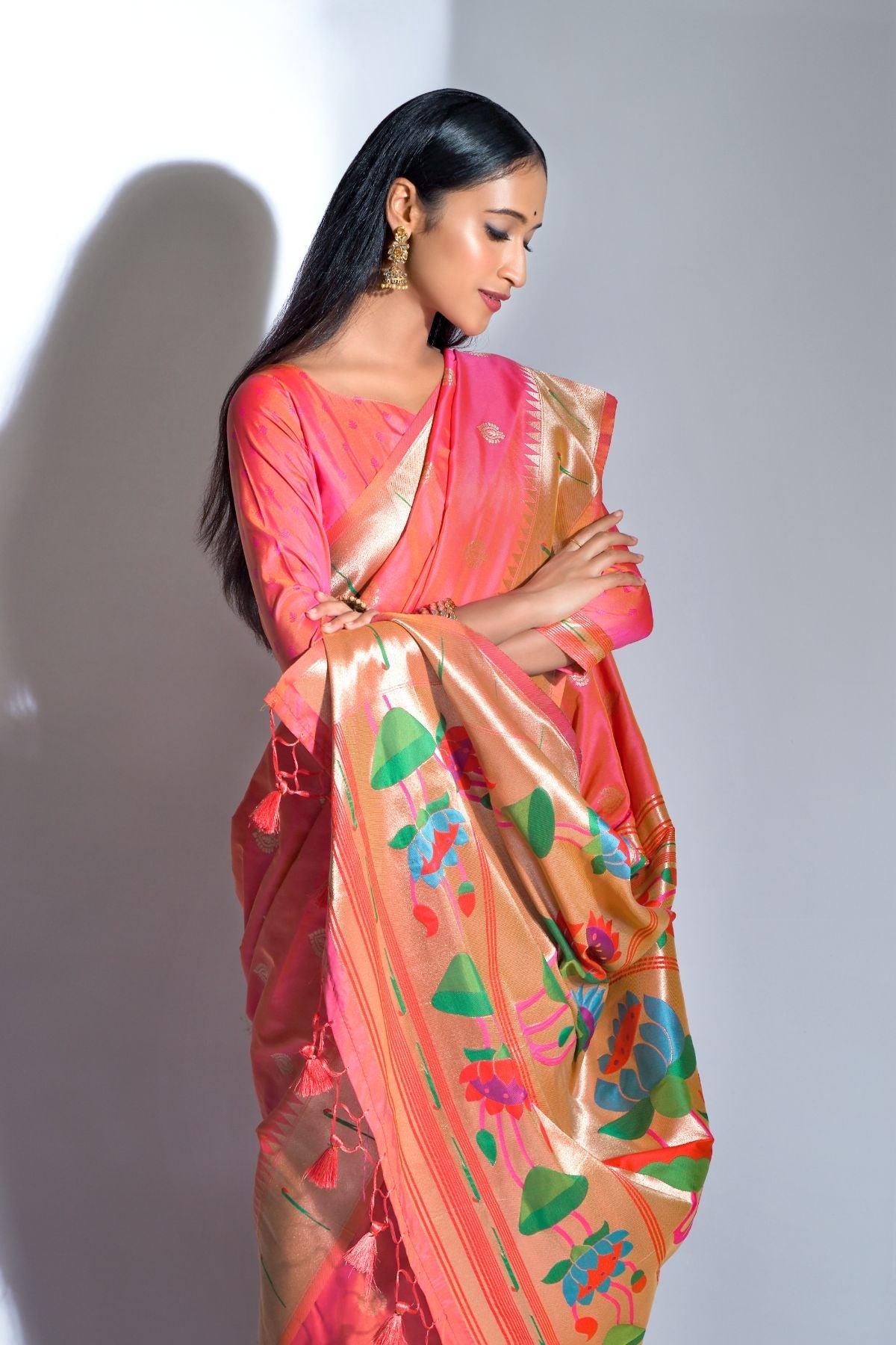 Traditional Peach Pink Banarasi Silk Paithani Saree