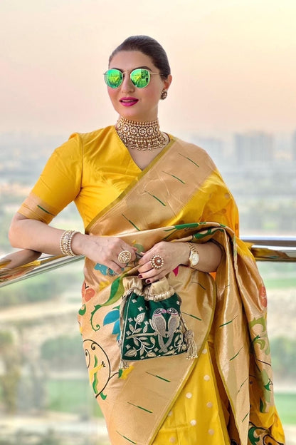 Trading Golden Yellow Paithani Silk Saree