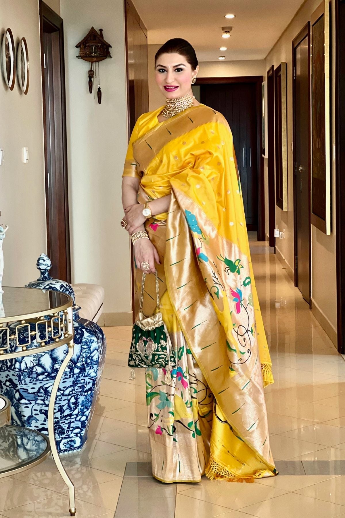 Trading Golden Yellow Paithani Silk Saree