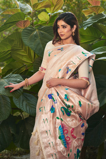 Trading White Paithani Silk Soft Saree