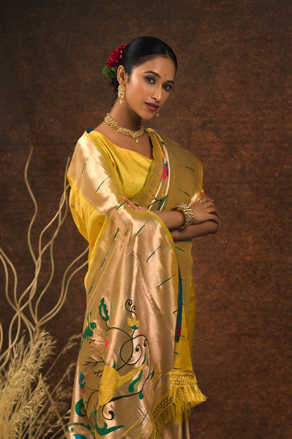 Paithani Silk Party Wear Yellow Saree