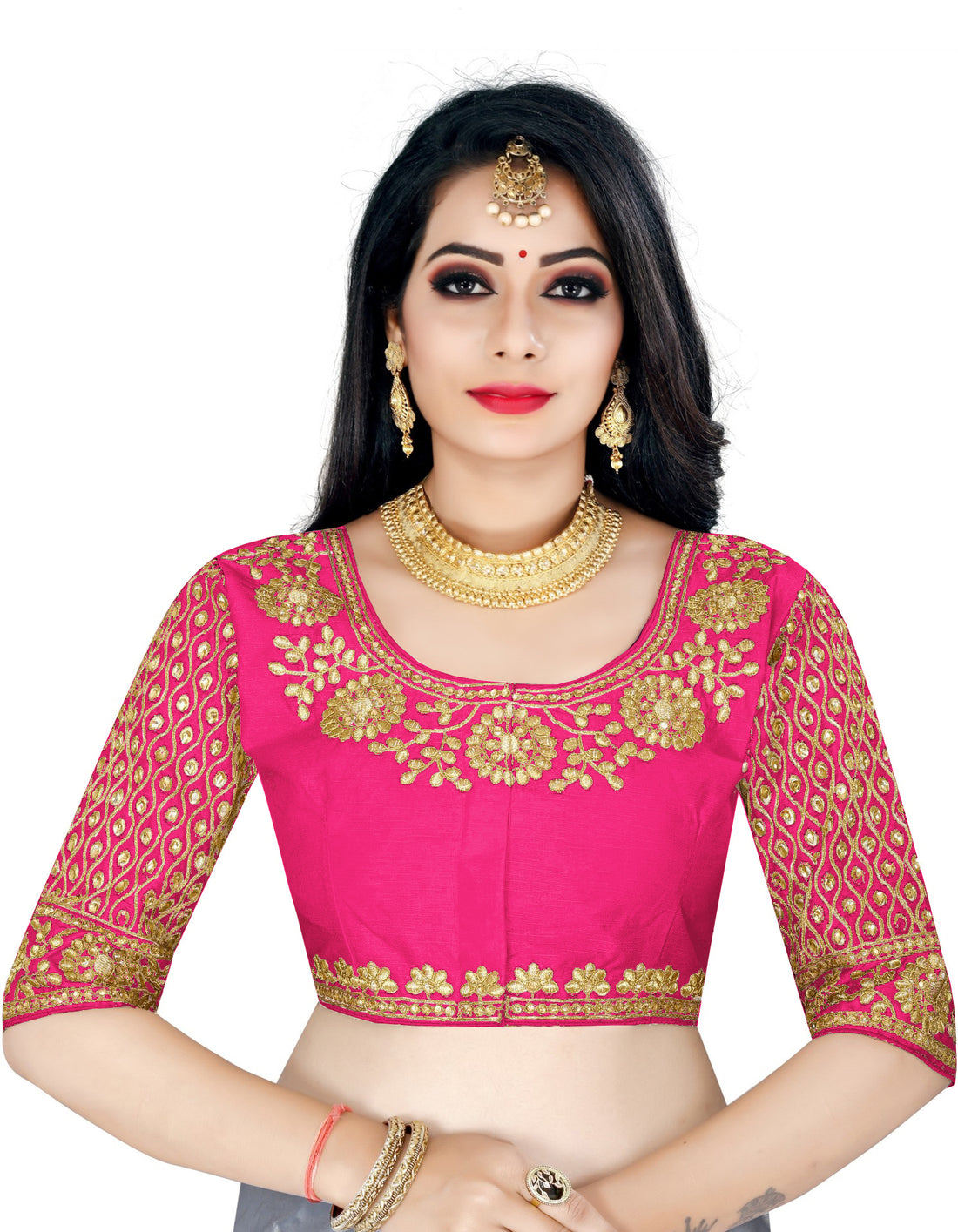 New Satin Silk Readymade Round Neck Pink Blouse