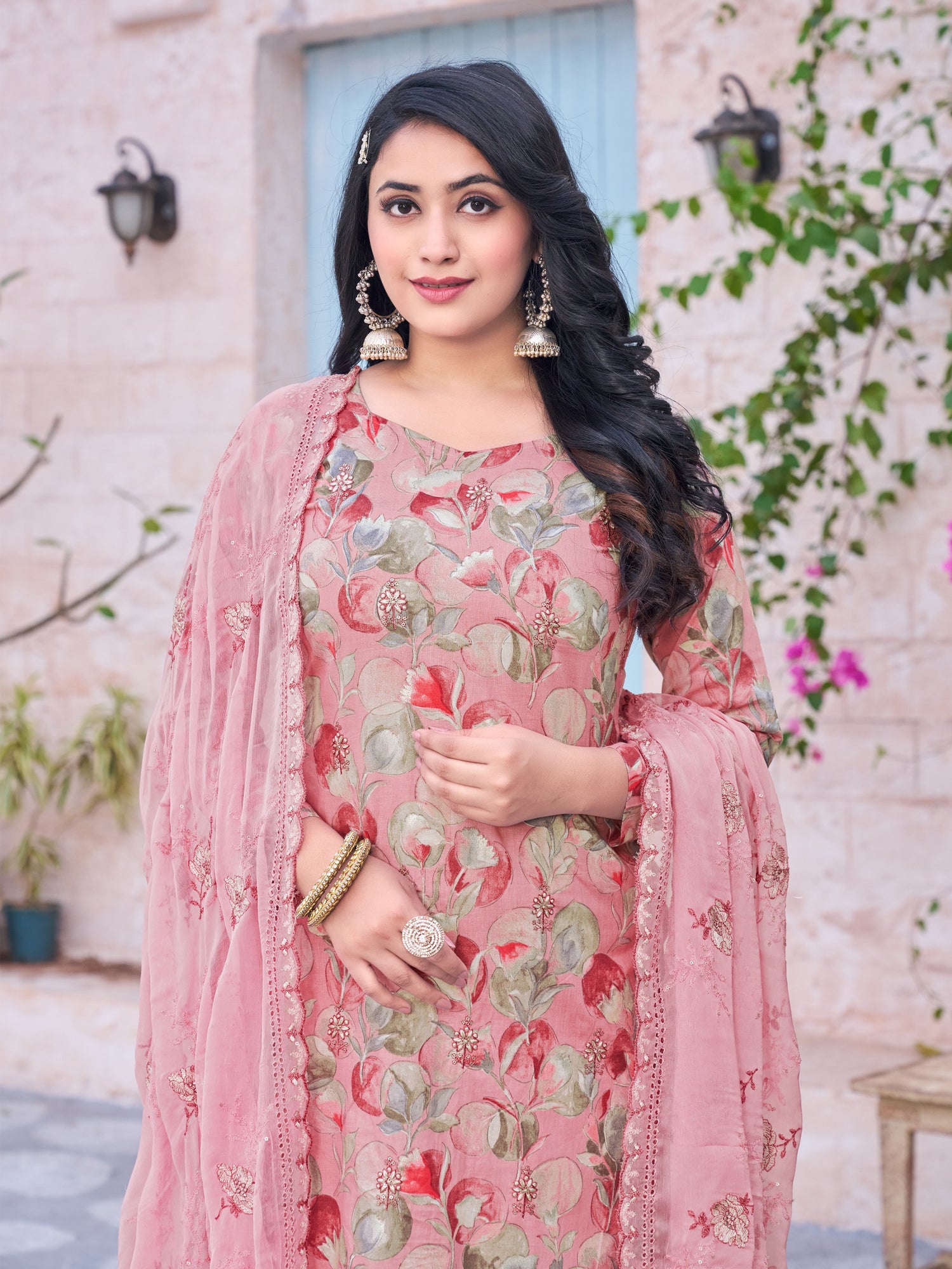 Classic Pink Color Ready To Wear Cotton Suit Set