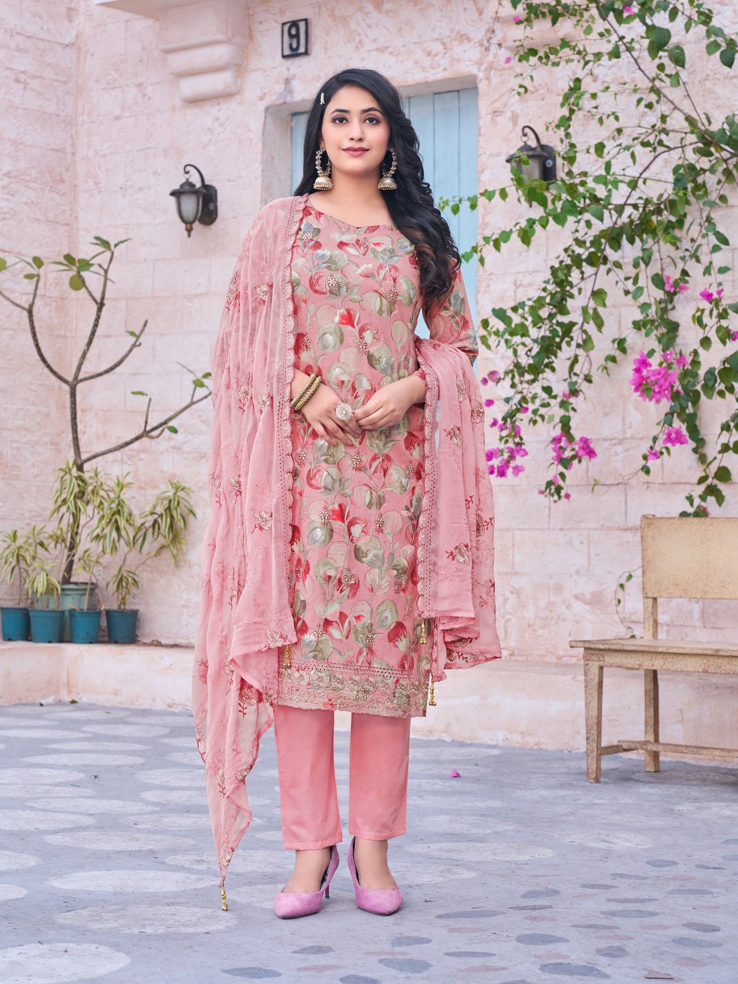 Classic Pink Color Ready To Wear Cotton Suit Set