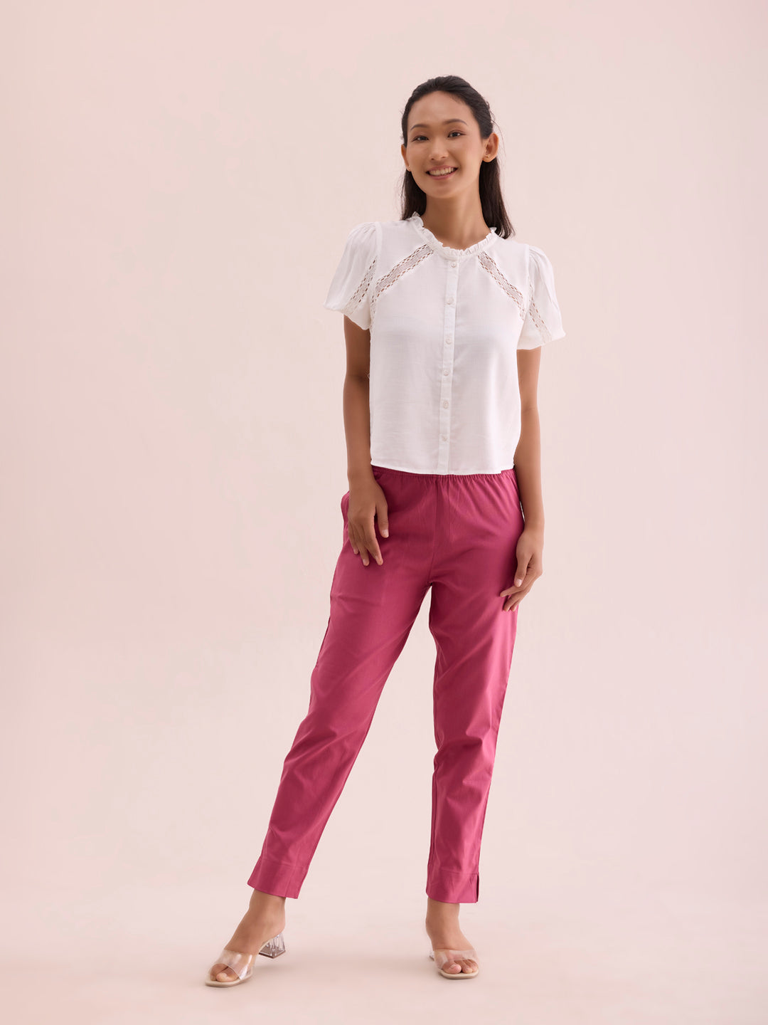 Mid-Rise Cropped Cotton Pant Trousers (Pink)