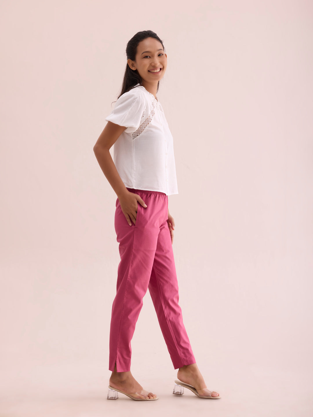 Mid-Rise Cropped Cotton Pant Trousers (Pink)