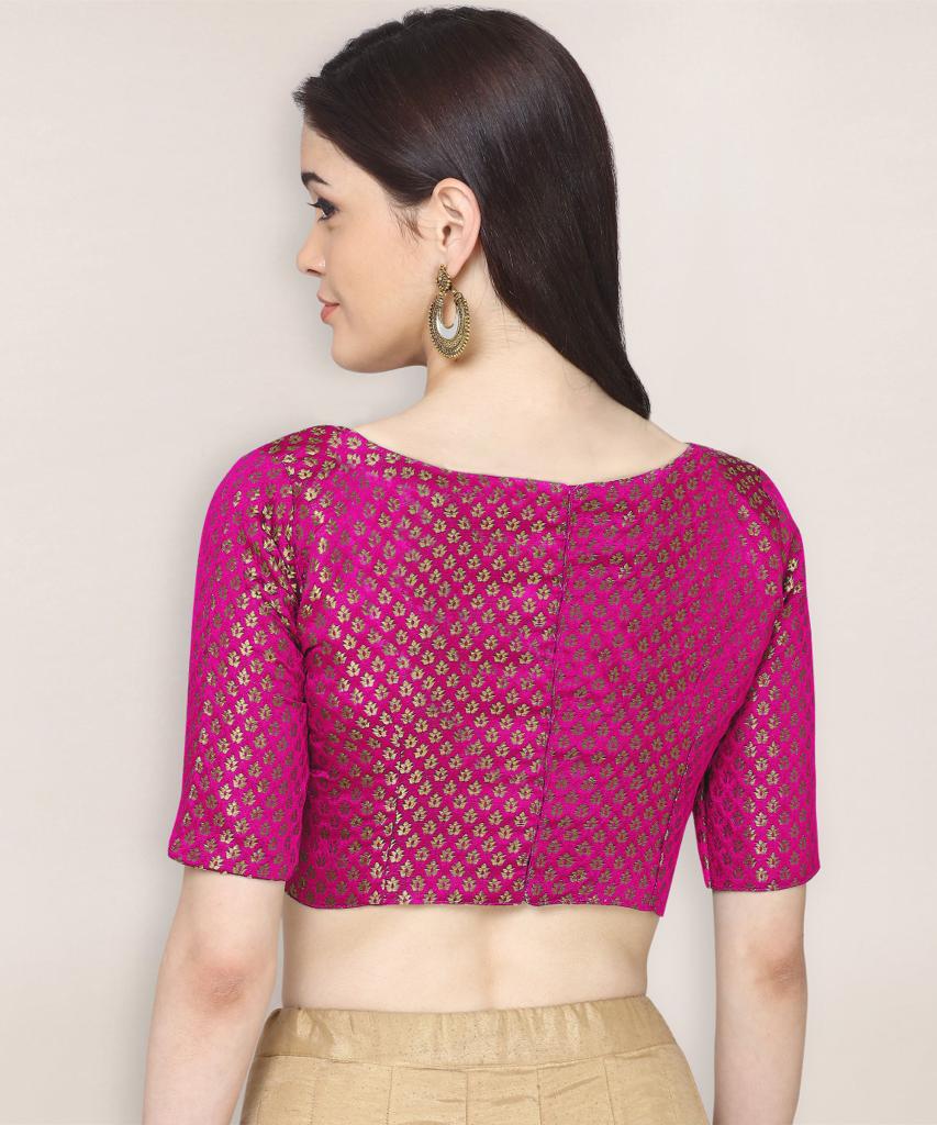 Latest Boat Neck Pink Color Brocade Readymade Blouse