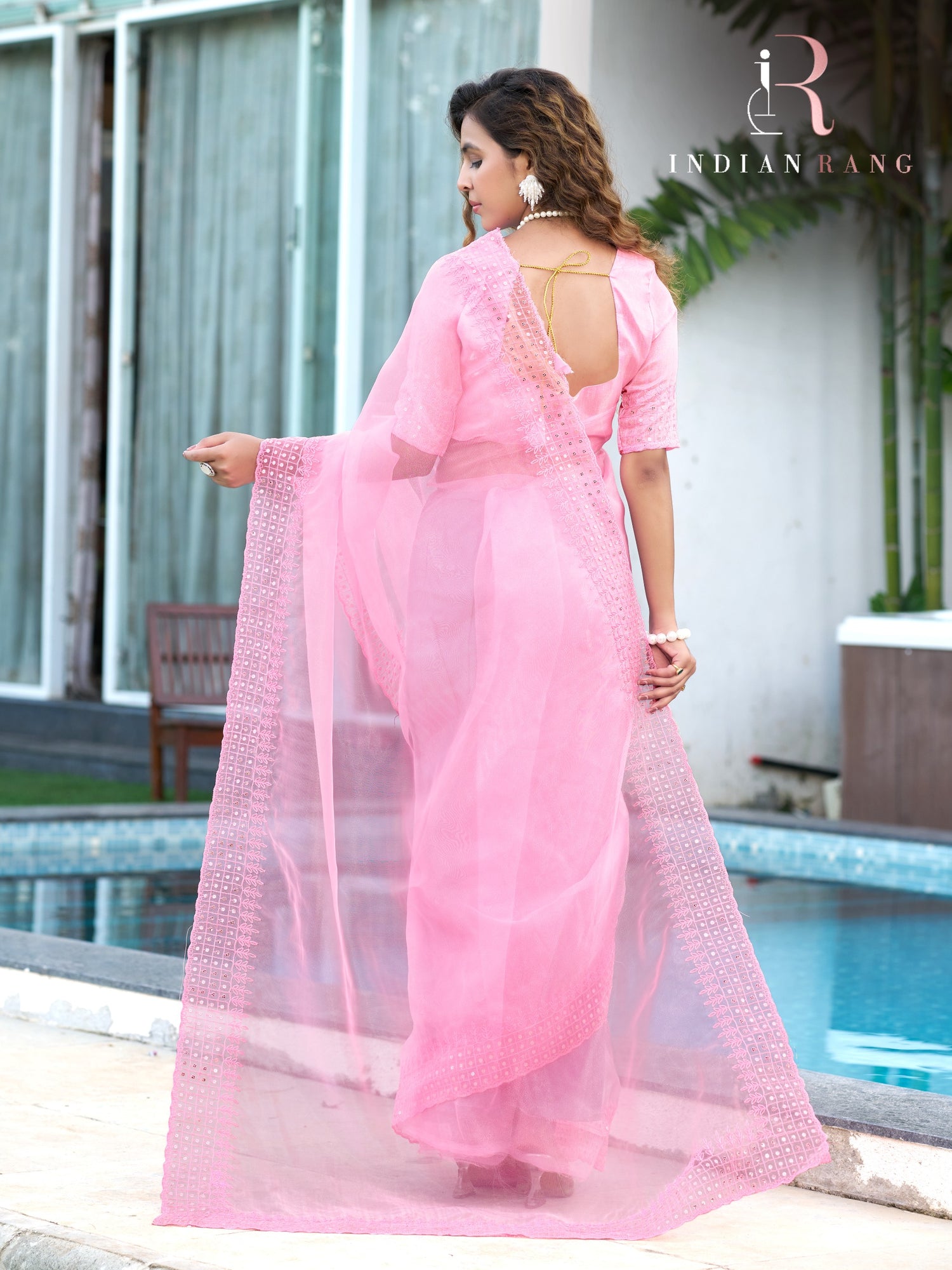 Trendy Organza Pink Color Designer Saree