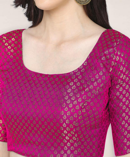 Latest Boat Neck Pink Color Brocade Readymade Blouse