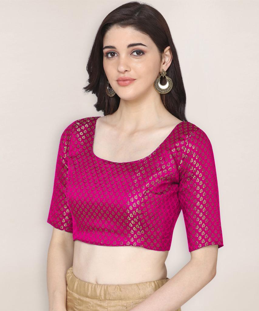 Latest Boat Neck Pink Color Brocade Readymade Blouse