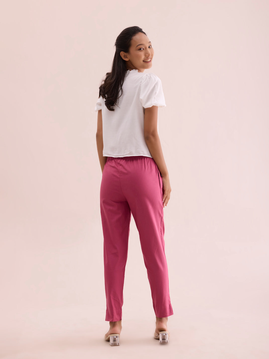 Mid-Rise Cropped Cotton Pant Trousers (Pink)