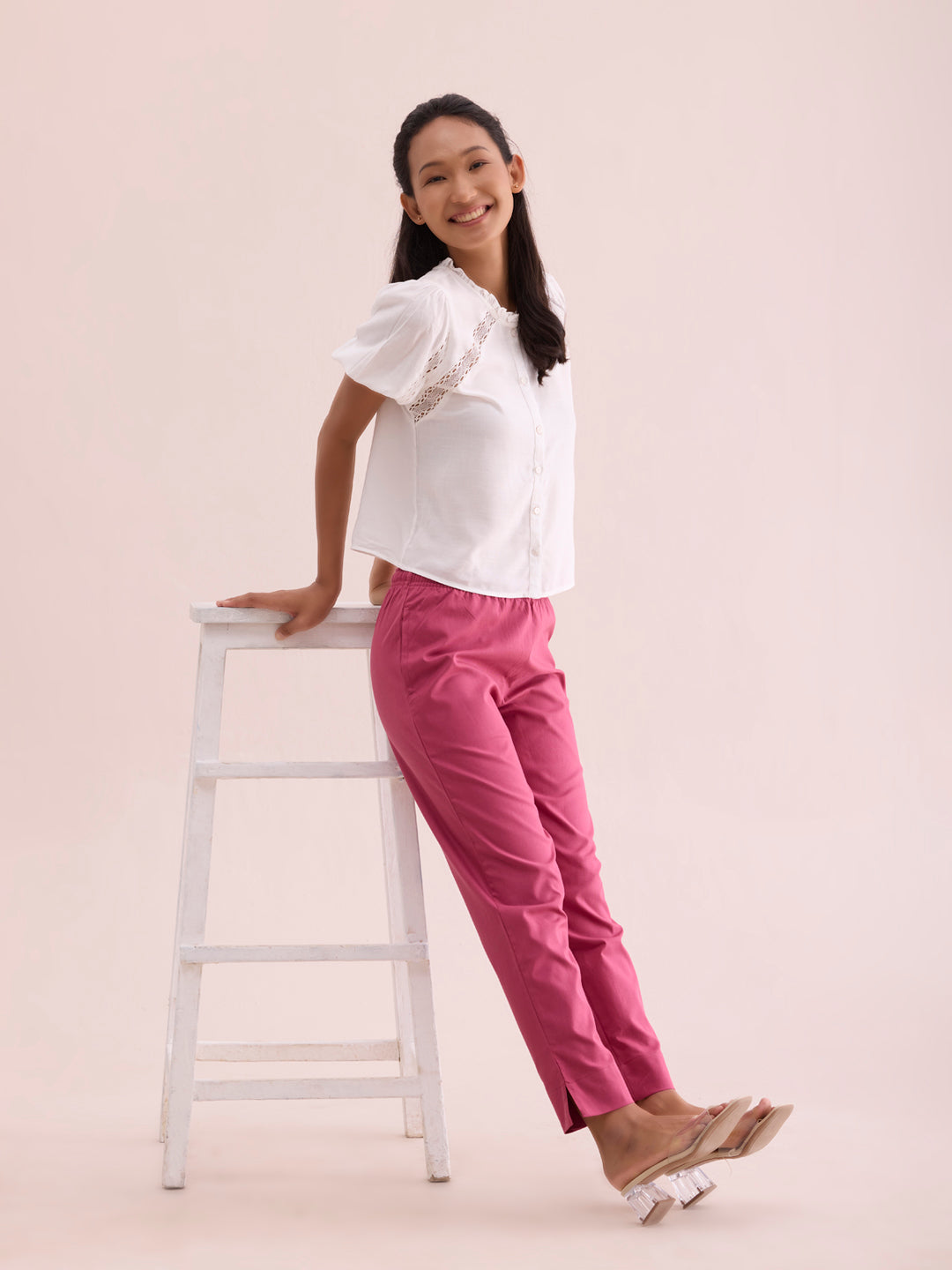 Mid-Rise Cropped Cotton Pant Trousers (Pink)