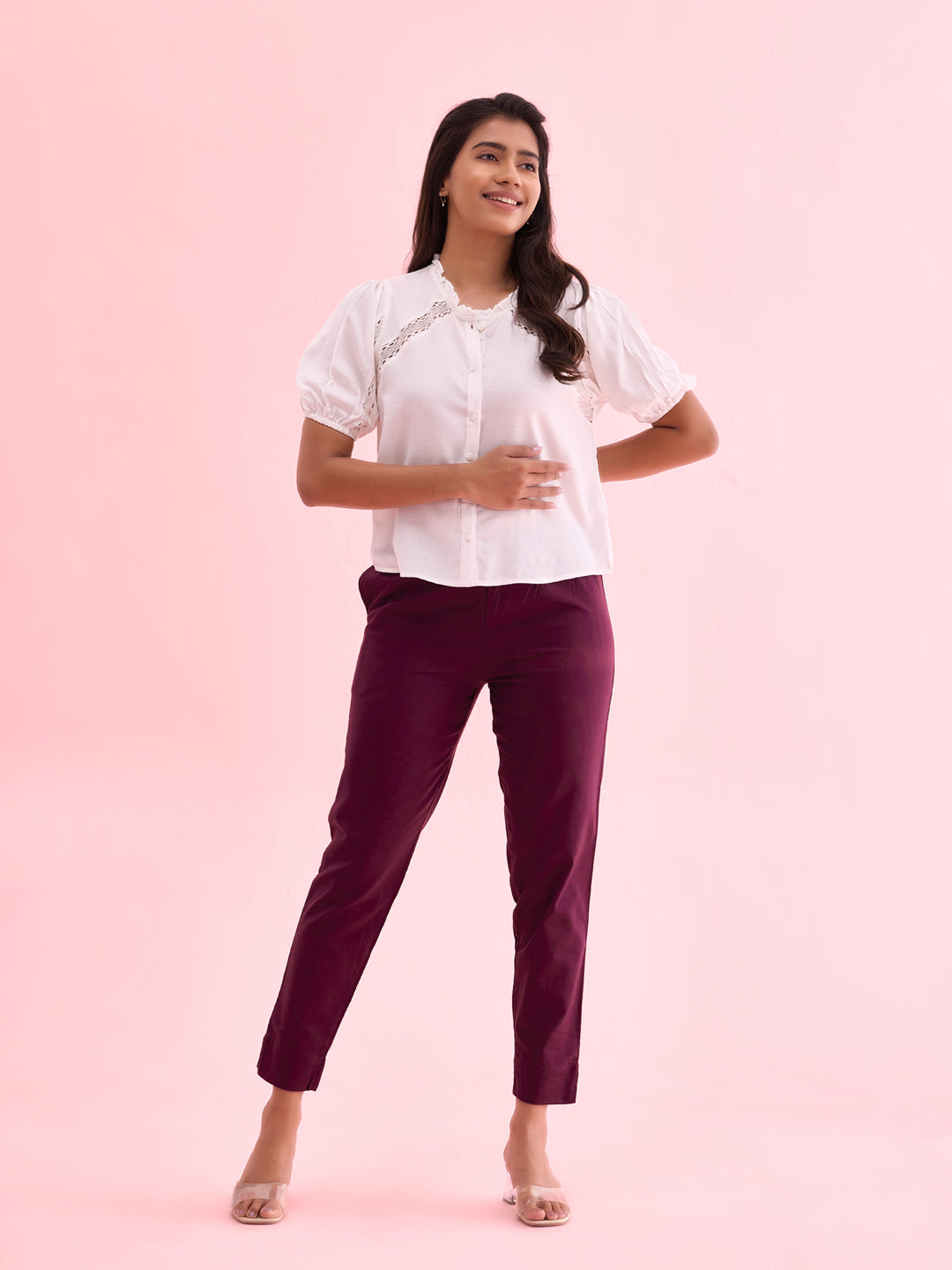 Mid-Rise Cropped Cotton Pant Trousers (Purple)