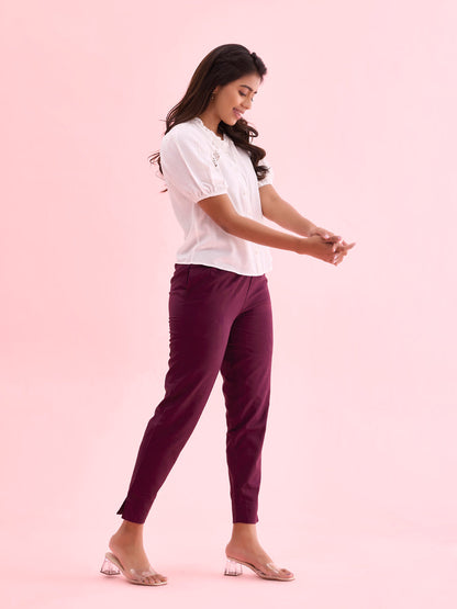 Mid-Rise Cropped Cotton Pant Trousers (Purple)